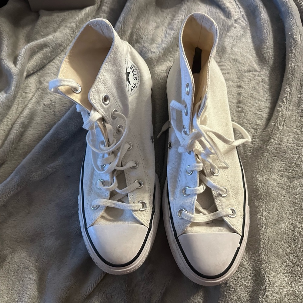 Converse White High Top Canvas Sneakers with Black Trim - Picture 3 of 4